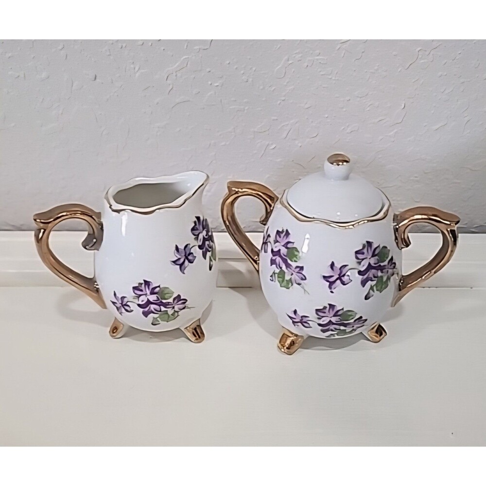 Enesco Purple Floral Mini 3-Footed Sugar Bowl and Creamer China Set 3” Tall